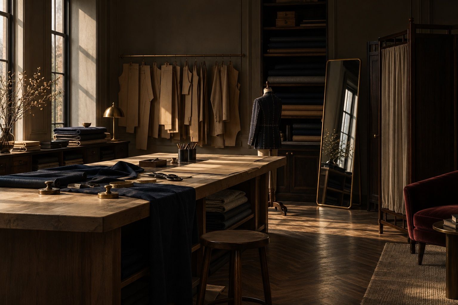 Interior of a quiet tailoring atelier with a long cutting table, bolts of cloth on shelves and a tall mirror in soft daylight