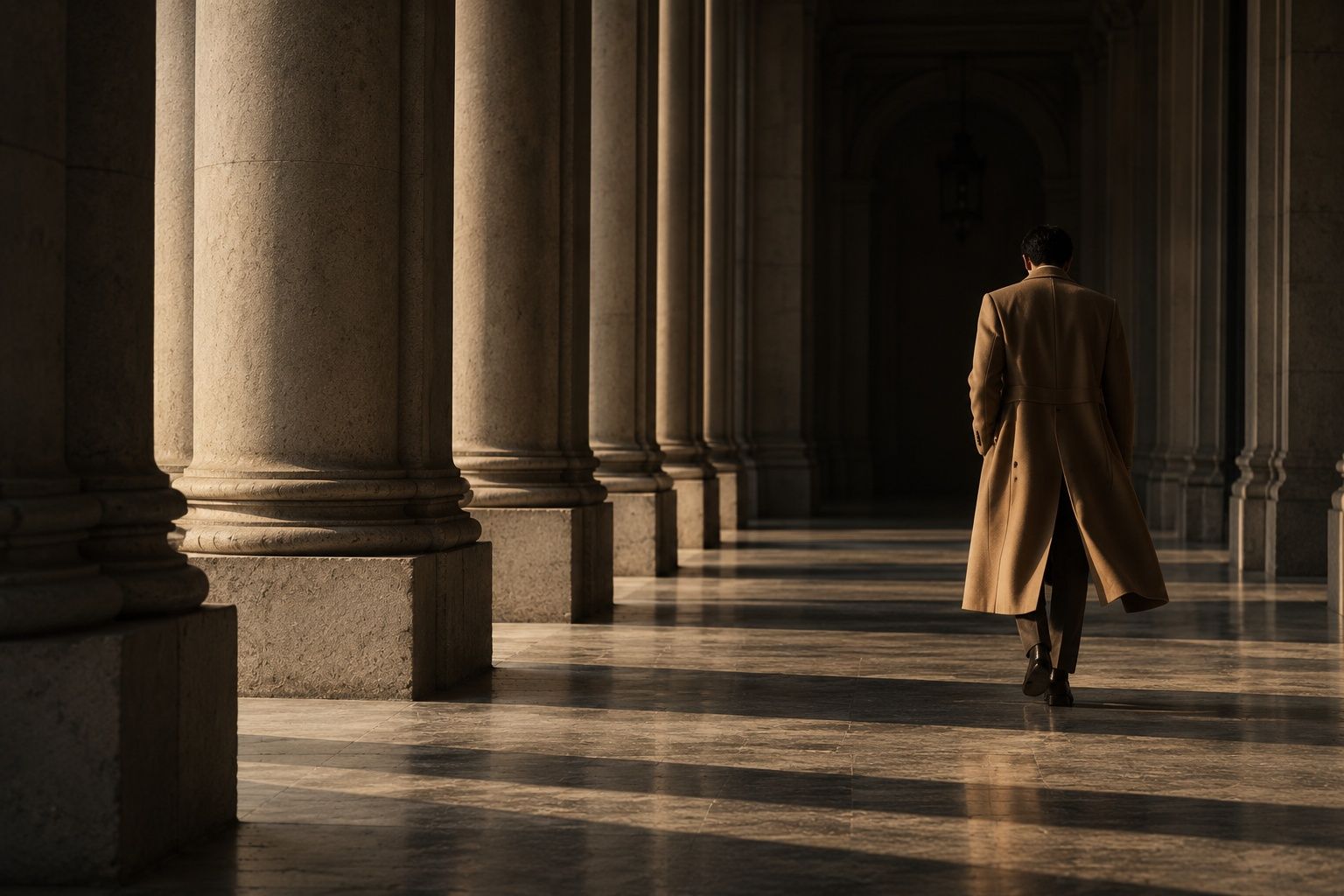 Campaign photograph: a figure in a long camel overcoat walking away down a pale stone colonnade in low morning light