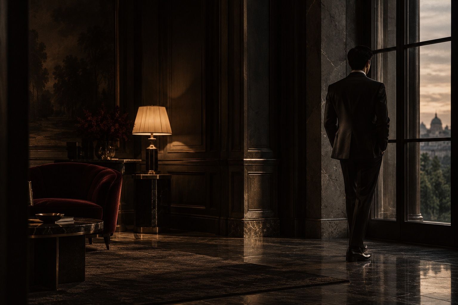 Campaign photograph: a figure in a black dinner jacket seen from behind in a dim hall, one lamp lit