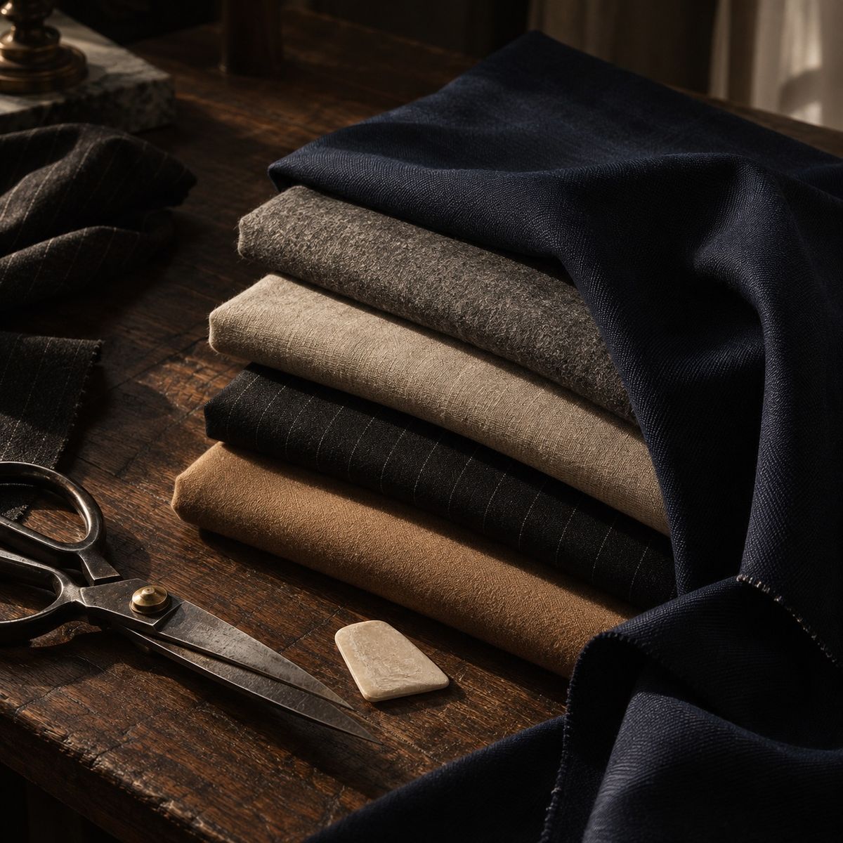Close-up of folded wool cloths in navy, grey, stone and camel stacked on a cutting table with tailor's chalk