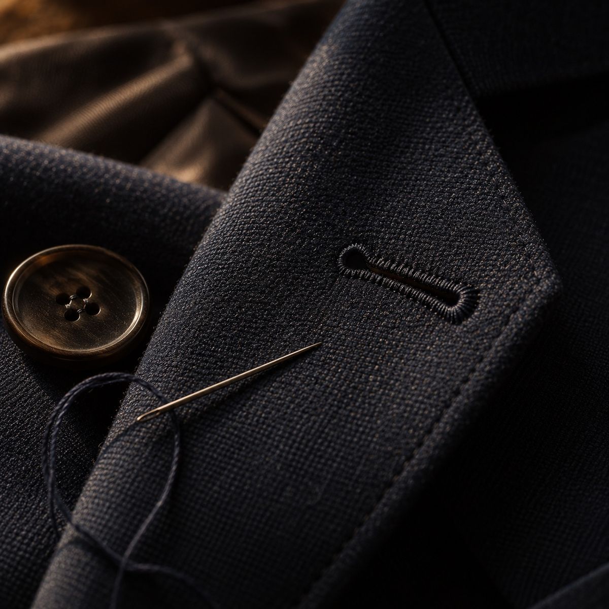 Extreme close-up of a hand-sewn keyhole buttonhole in silk thread on dark navy wool