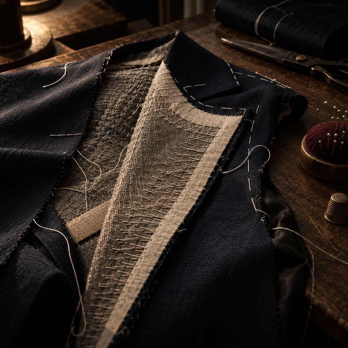 Close-up of a jacket's inner chest canvas in horsehair and wool, basted with white thread, on a tailor's bench