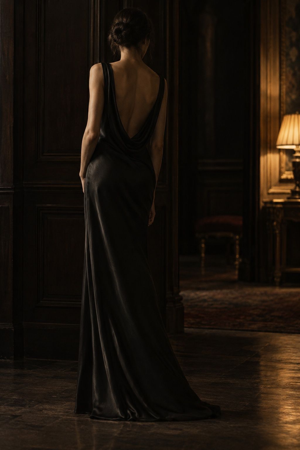 Tall portrait of a black silk crepe evening column dress with a low back, the model seen from behind