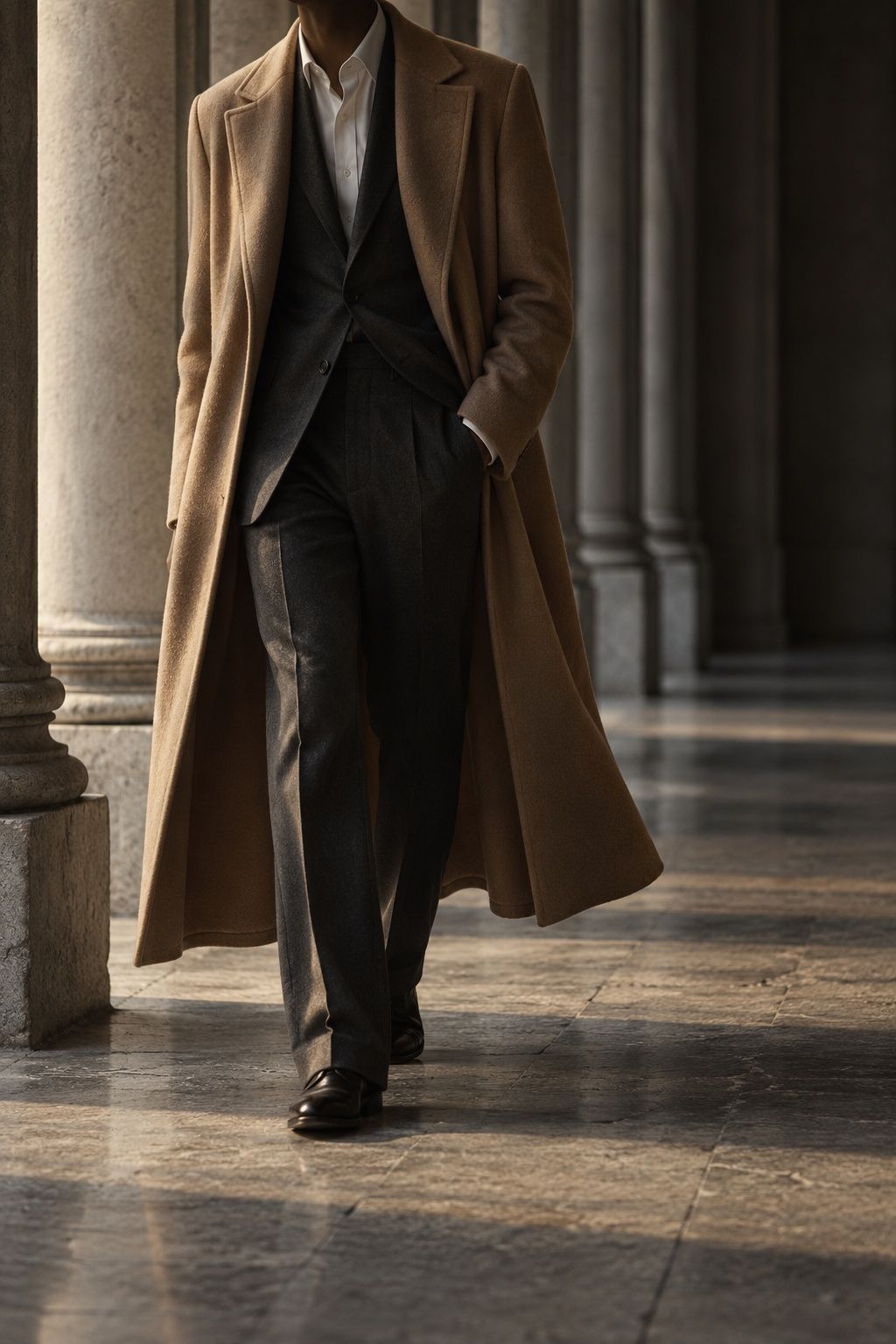 Tall portrait of a camel double-faced cashmere overcoat worn open, the model cropped at the chin
