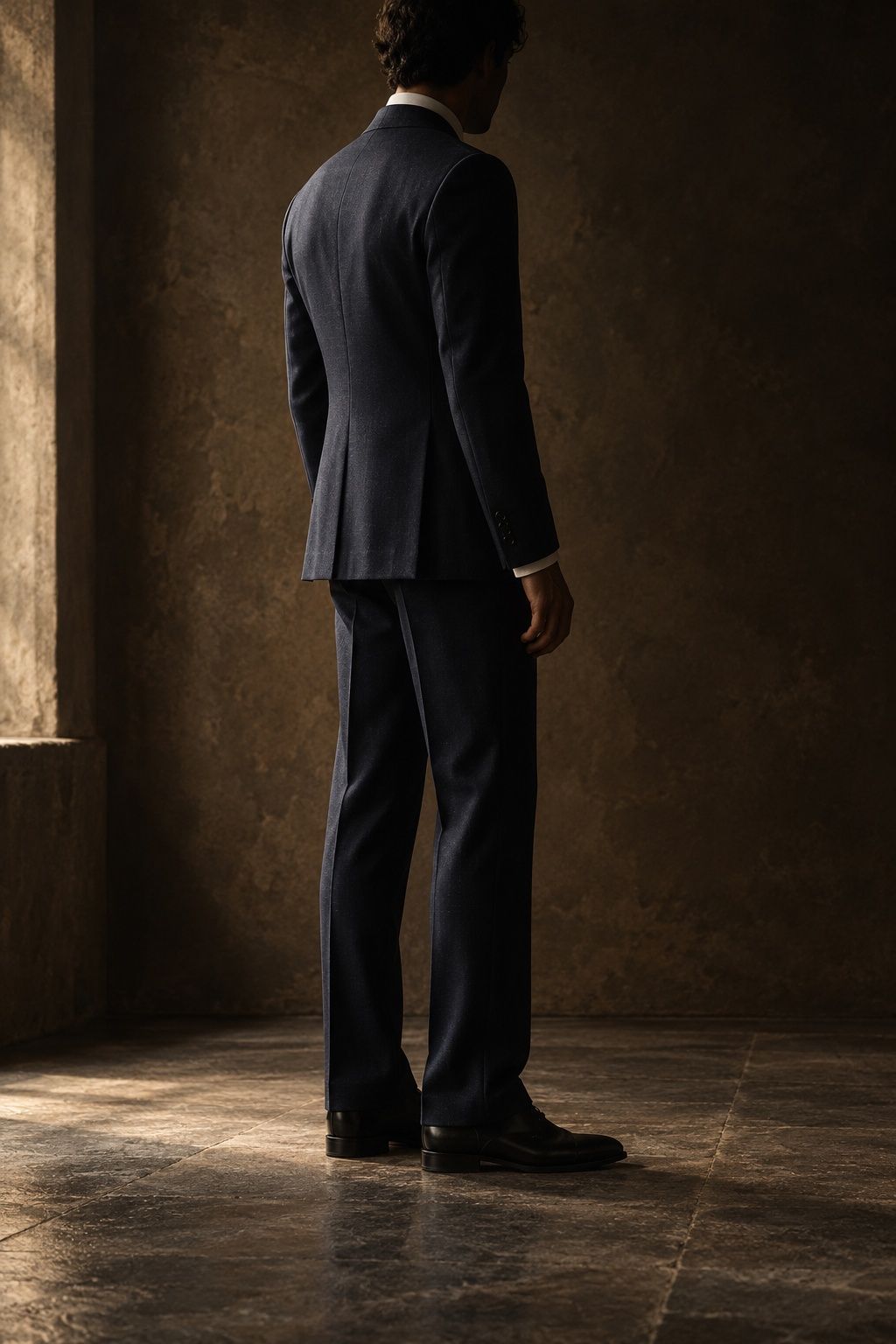 Tall portrait of a model in a dark navy single-breasted suit, face turned away, standing in soft side light